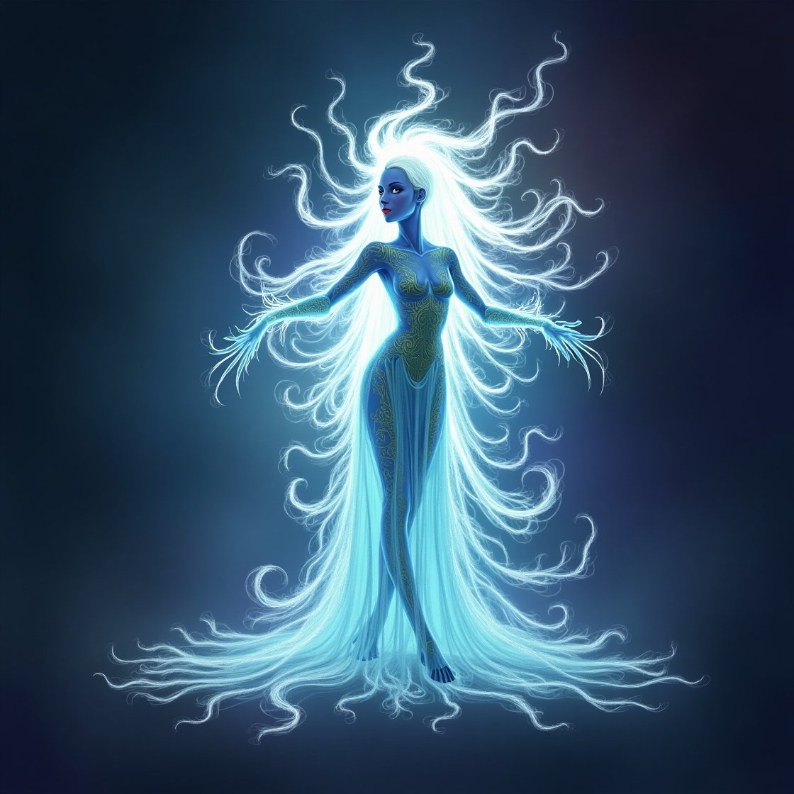 Mystical illustration of a human figure surrounded by glowing energy fields and spirit-like entities