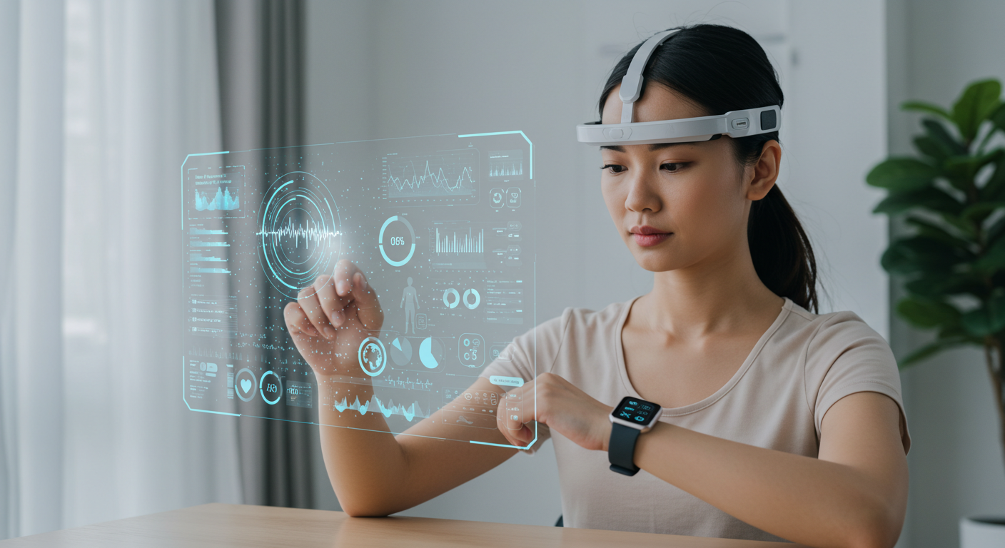 "Person using modern scientific tools like brainwave trackers, fitness apps, and wearable technology to enhance self-improvement, personal growth, and performance optimization."