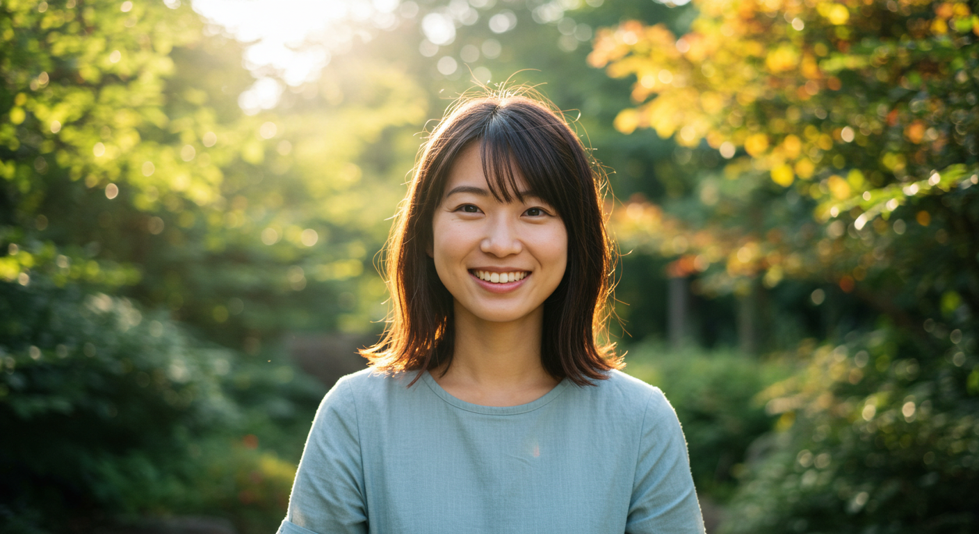 Smiling person surrounded by warm sunlight and nature, symbolizing the uplifting effects of positive psychology on happiness and well-being.