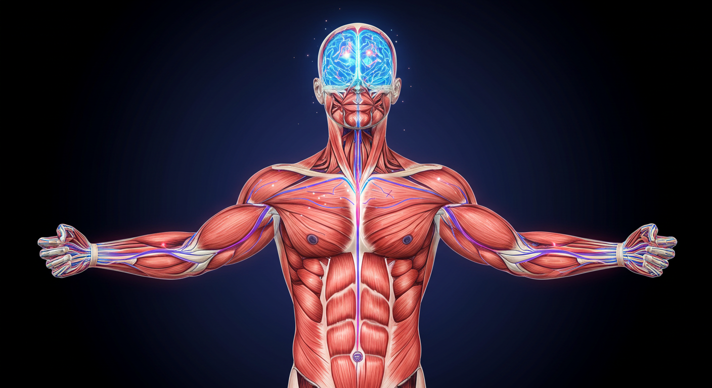 "Illustration of a human body with highlighted muscles, brain, and energy pathways, symbolizing the connection between human physiology, performance, biohacking, sleep optimization, and mind-body wellness."