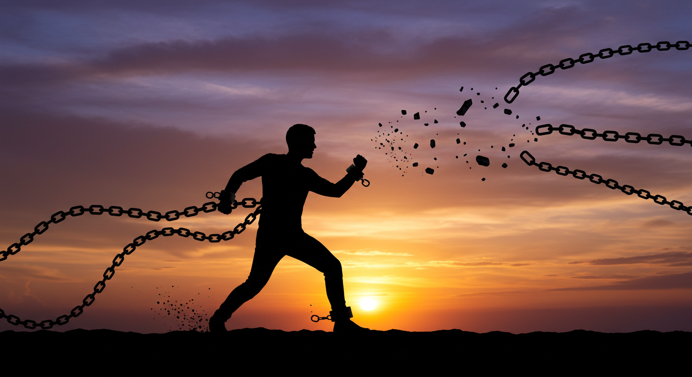 "Silhouette of a person breaking free from chains that represent limiting beliefs, with a bright sunrise in the background symbolizing empowerment, growth, and new possibilities."