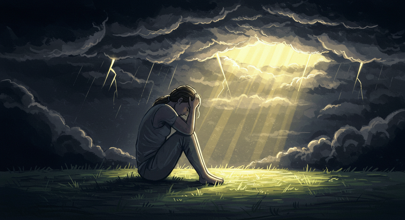 Illustration of a person sitting with their head in their hands, surrounded by storm clouds and light breaking through, symbolizing emotional turmoil and the journey to healing and balance.
