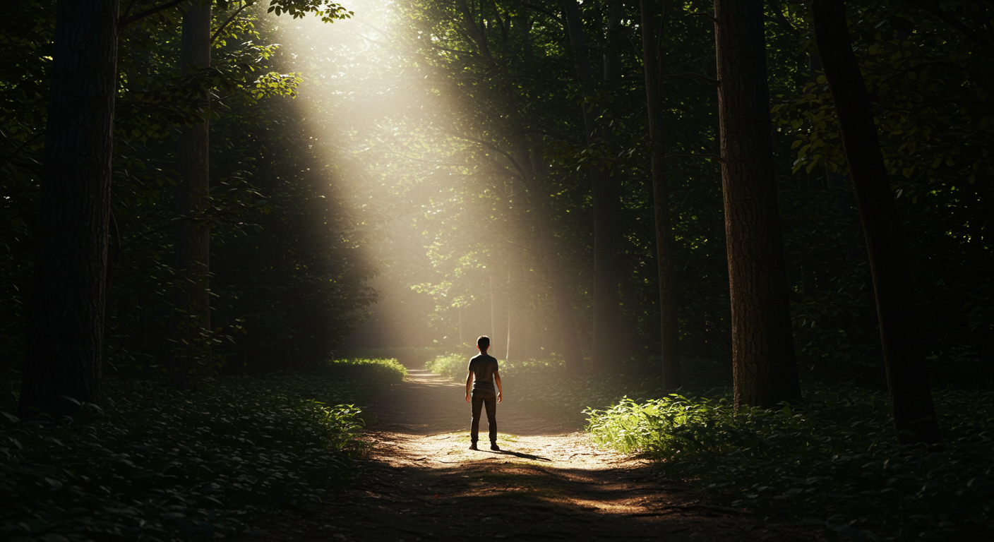 “Person standing at the edge of a dark path with light breaking through, symbolizing overcoming fear and resistance to achieve personal growth.”