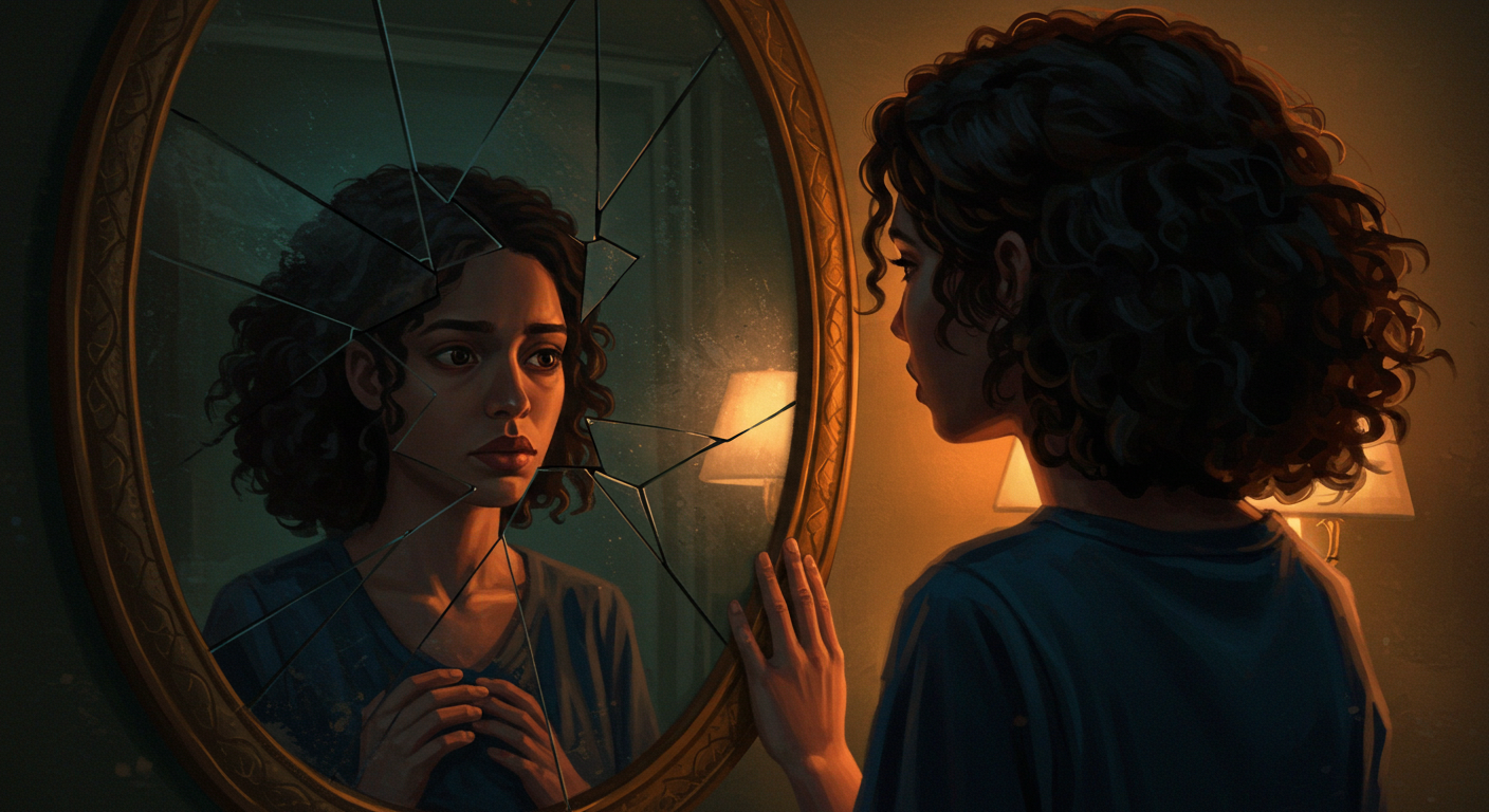 “Person standing in front of a mirror with a fragmented reflection, symbolizing identity and self-worth crises, self-doubt, and the journey toward self-acceptance.”