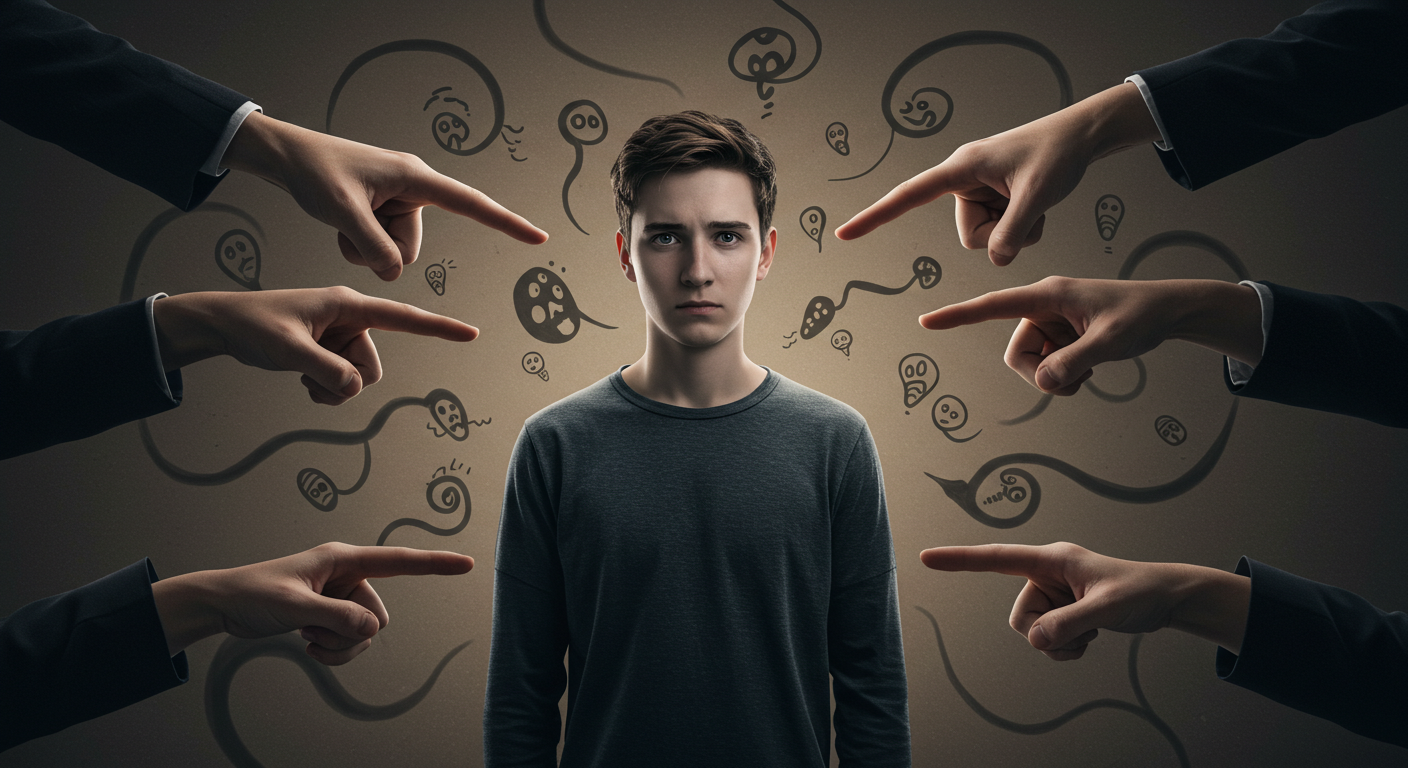 A person standing in the middle of two pointing hands and critical voices, symbolizing the weight of external conflict and judgment on self-esteem.