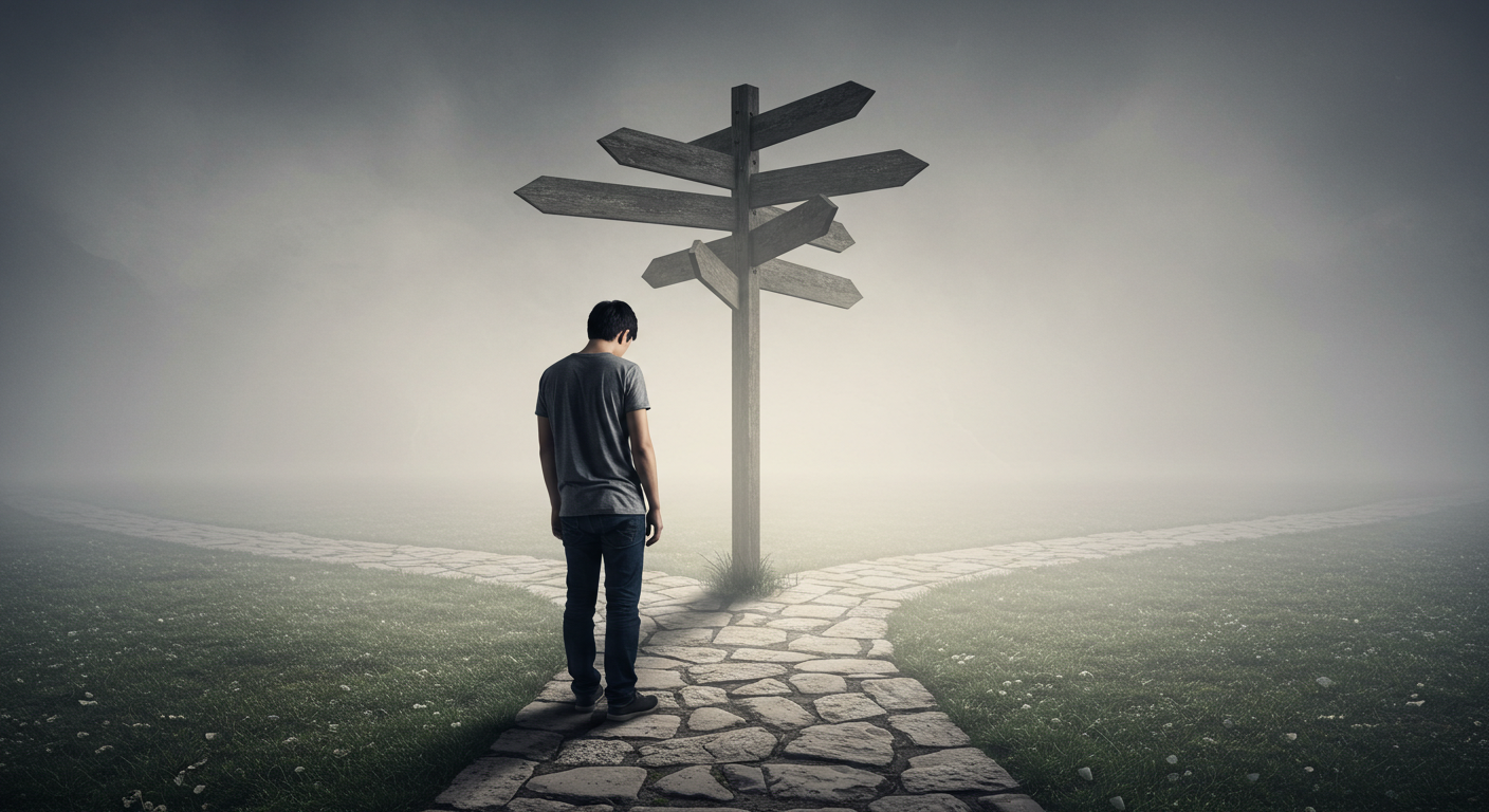 A person standing at a crossroads, looking uncertain, symbolizing detachment from inner guidance and the struggle to trust intuition.