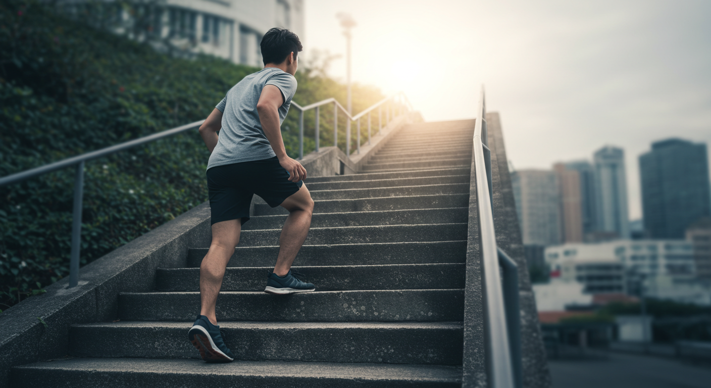 A person climbing stairs with determination, symbolizing progress, breaking stagnancy, and regaining motivation through small daily habits.