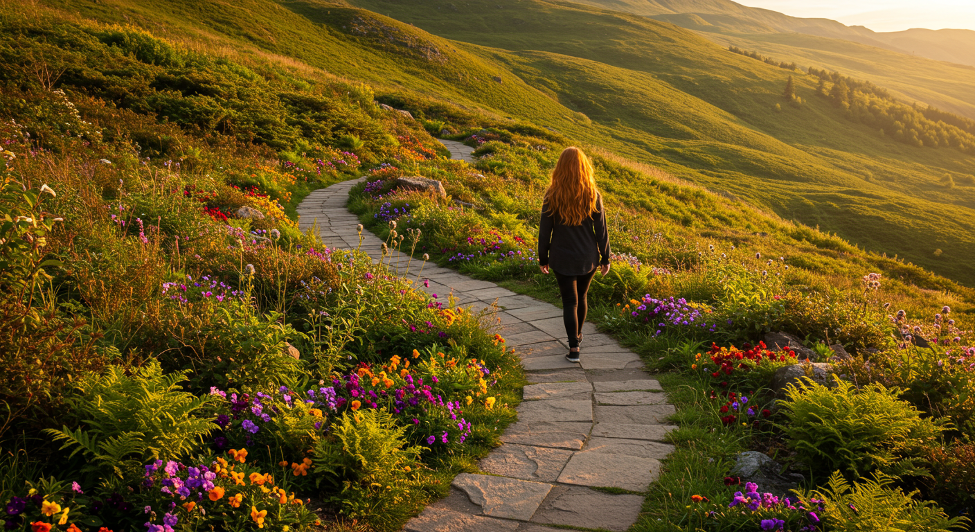 "A person walking along a winding path surrounded by nature, symbolizing navigating life transitions and uncertainty with confidence, clarity, and resilience."
