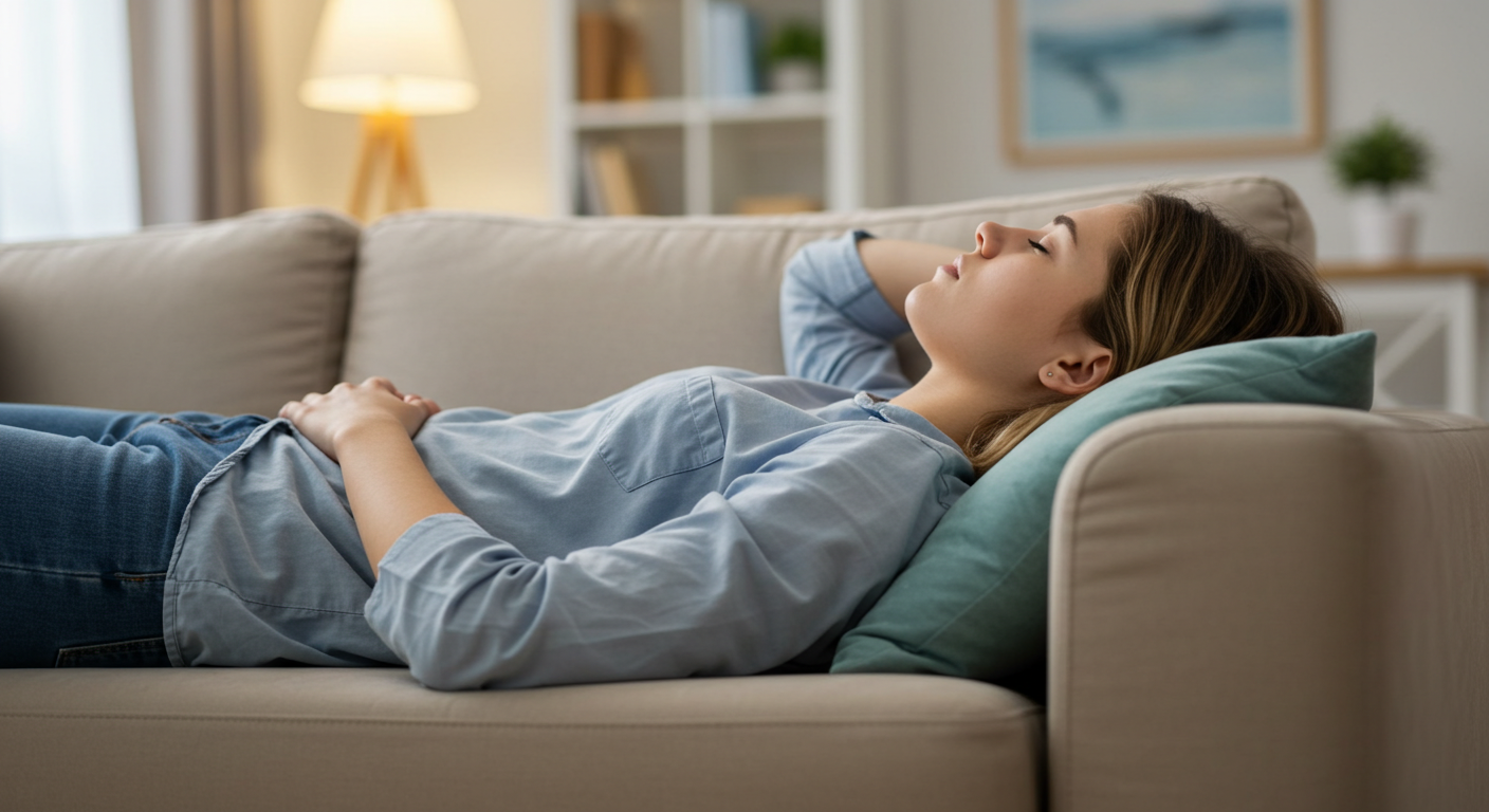 Person lying on a couch with closed eyes, drained from mental exhaustion and emotional burnout.