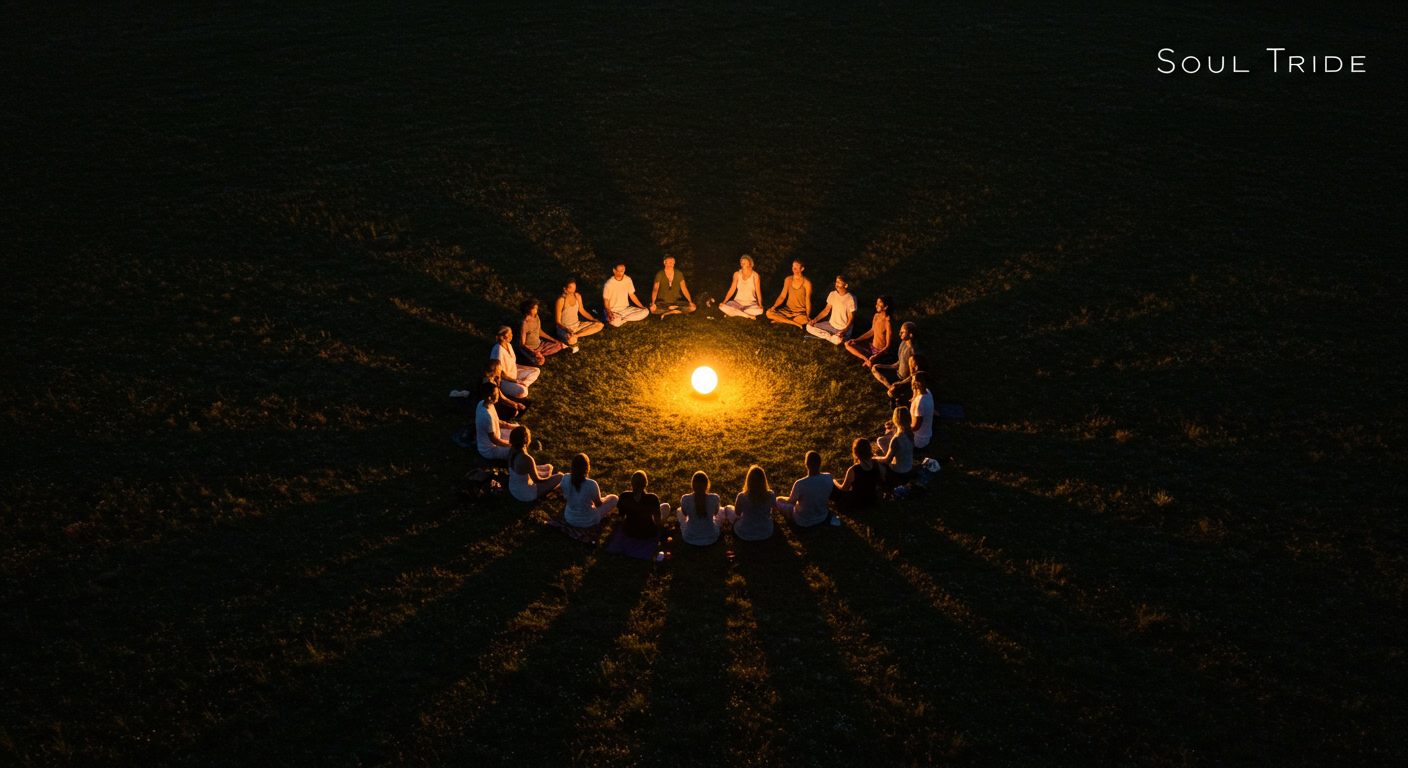 People gathered in a spiritual circle, meditating and sharing energy as part of a soul tribe for healing and connection.