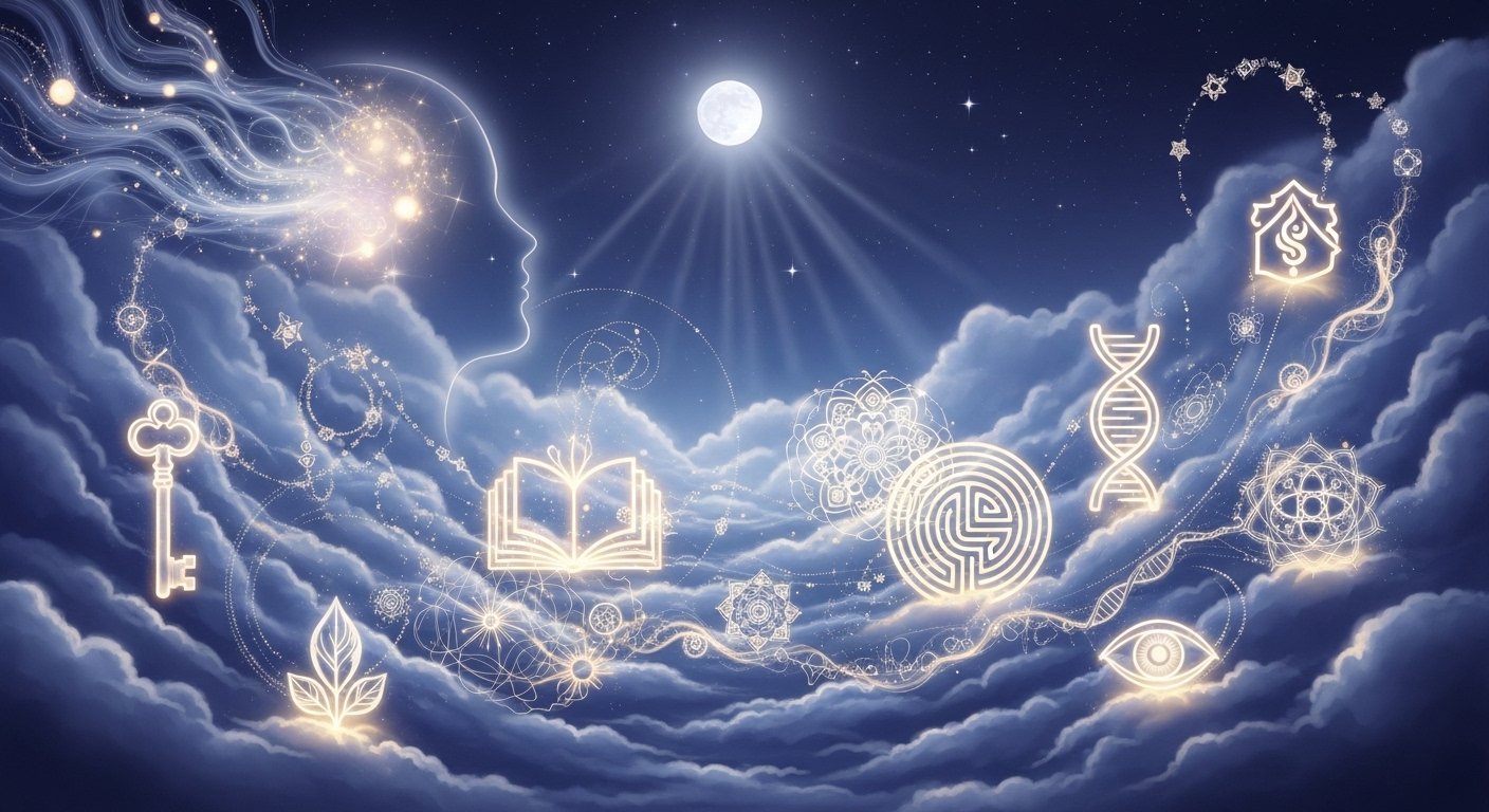 A dreamy, surreal scene of moonlit clouds with glowing symbolic shapes and artistic patterns, illustrating the mystical process of Dreamwork and Symbolic Creation for self-discovery and creativity.