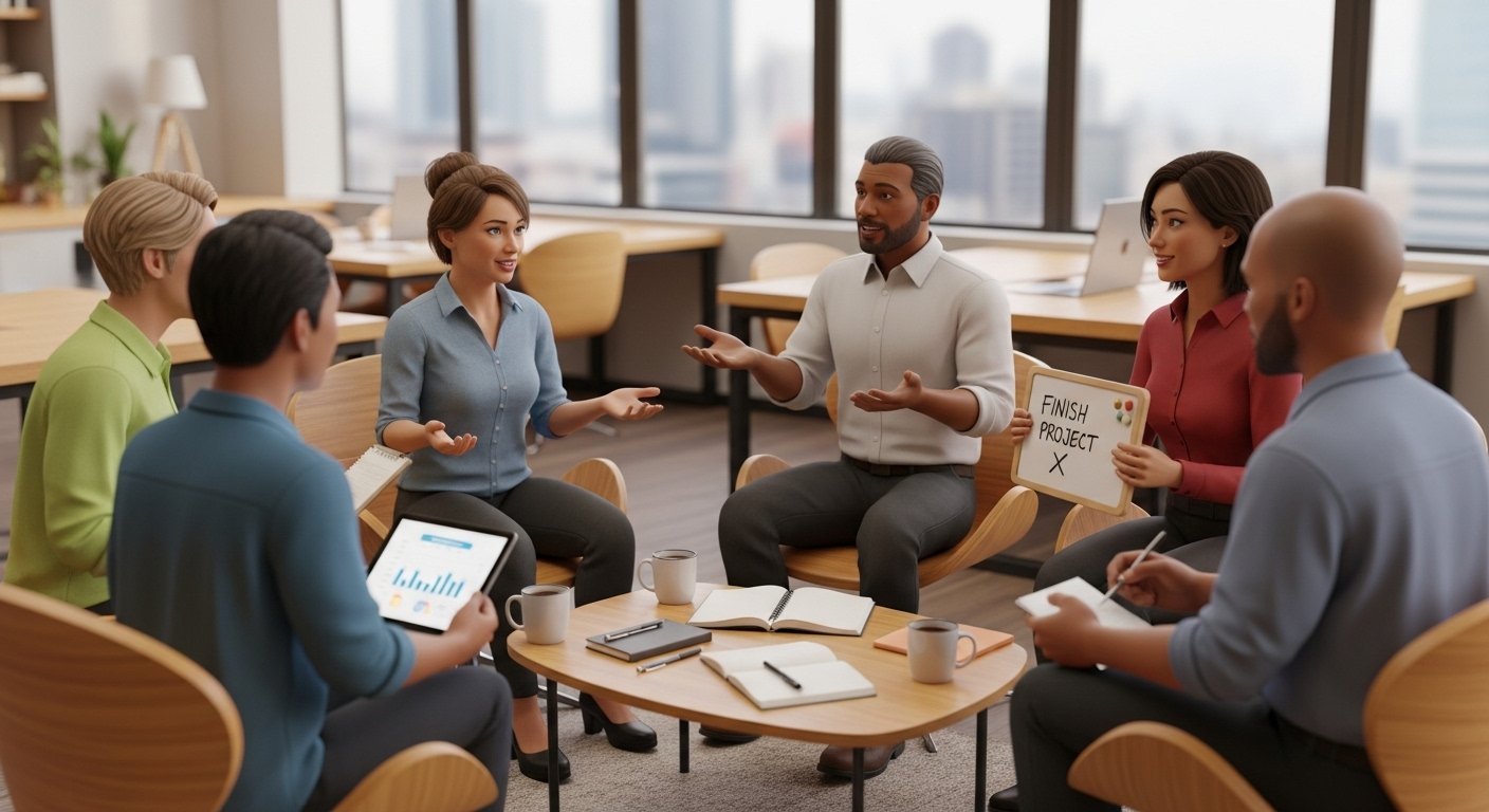 “People in a supportive accountability group sitting together, sharing goals, and encouraging each other toward personal growth and long-term success.”