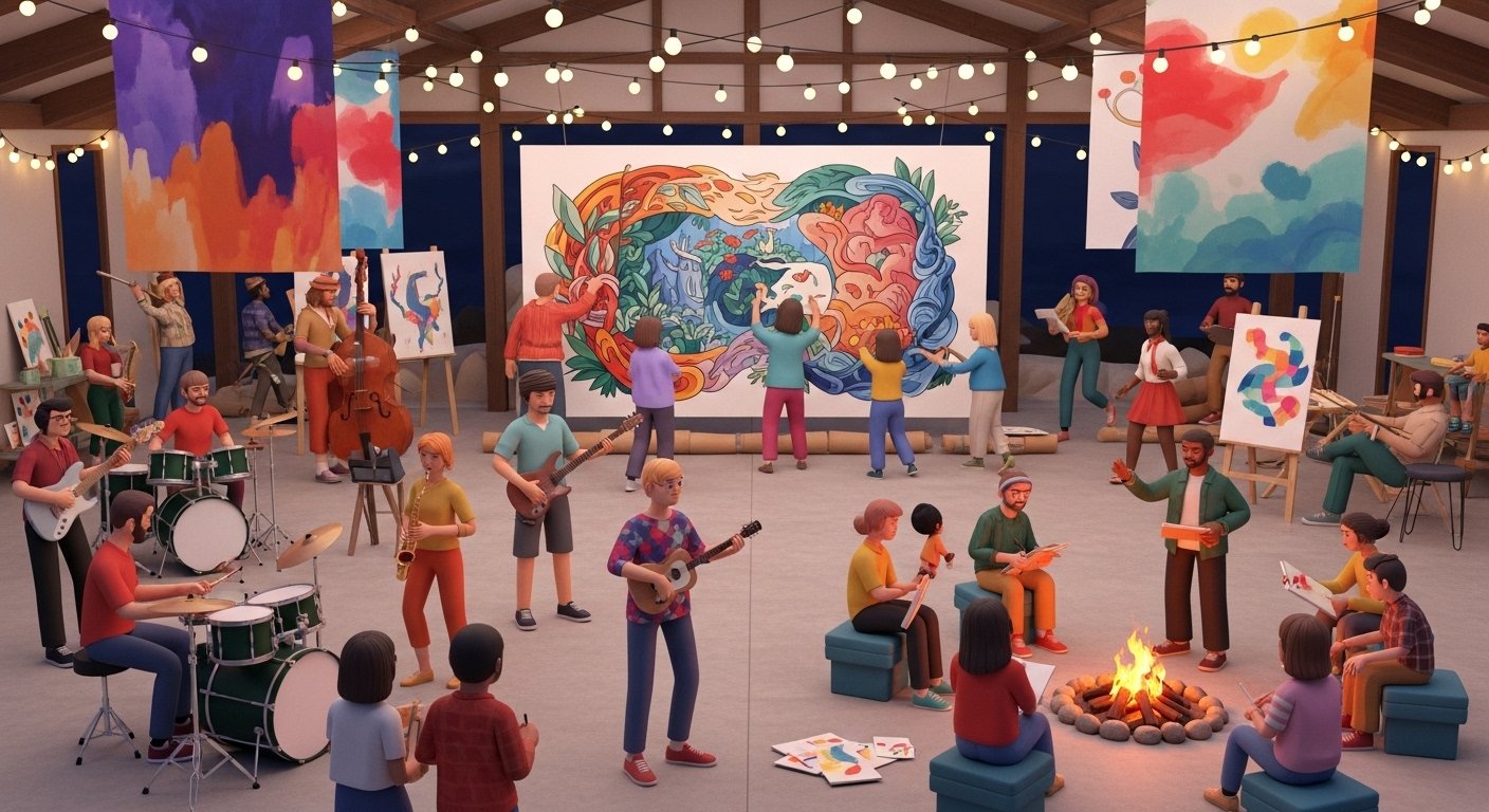“People engaging in a creative and expressive community through art, music, and storytelling—sharing ideas, supporting growth, and inspiring personal transformation.”