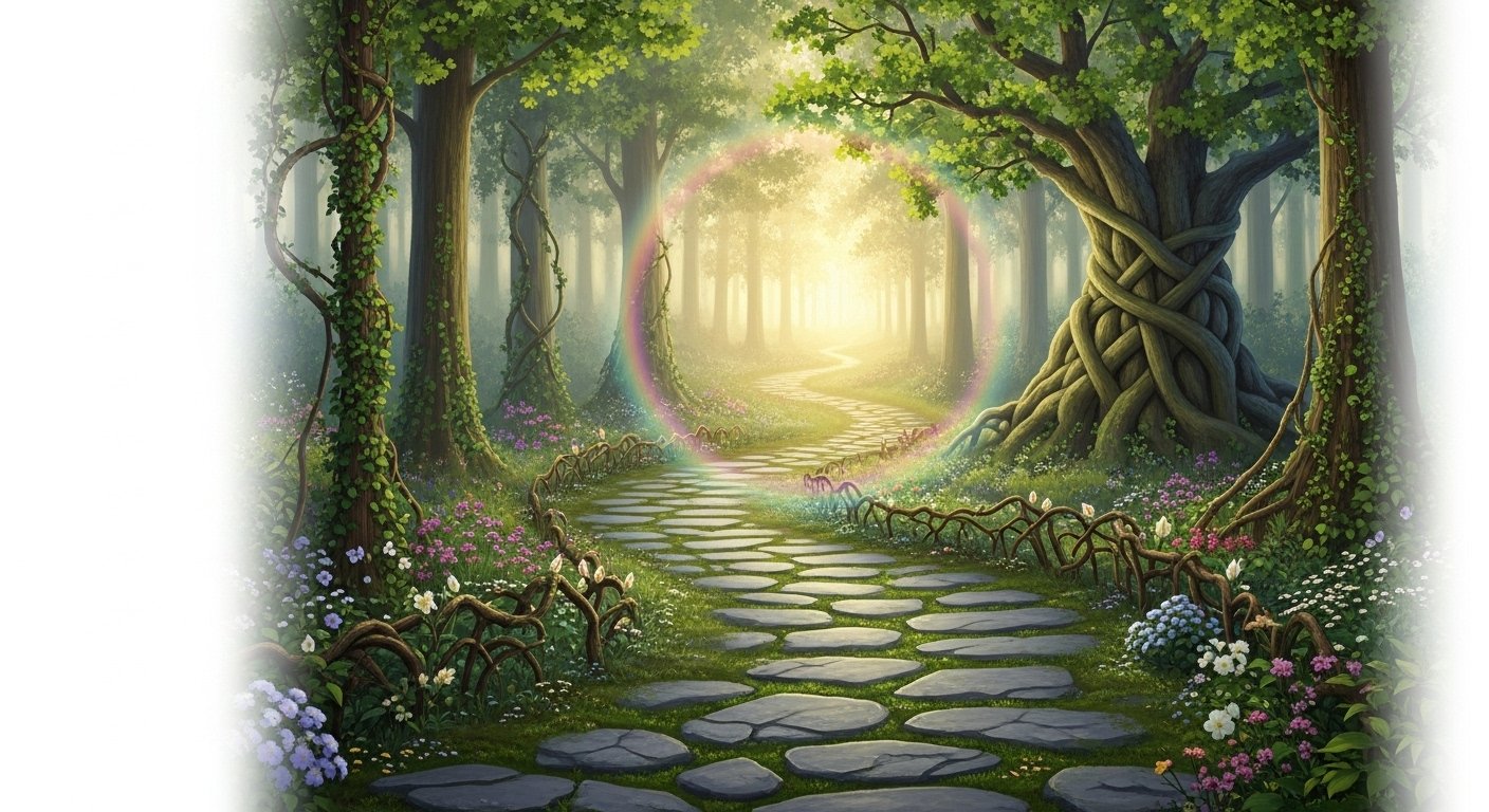 "A serene path surrounded by nature symbolizing emotional healing, inner work, and personal growth, representing the journey of transformation and self-discovery."