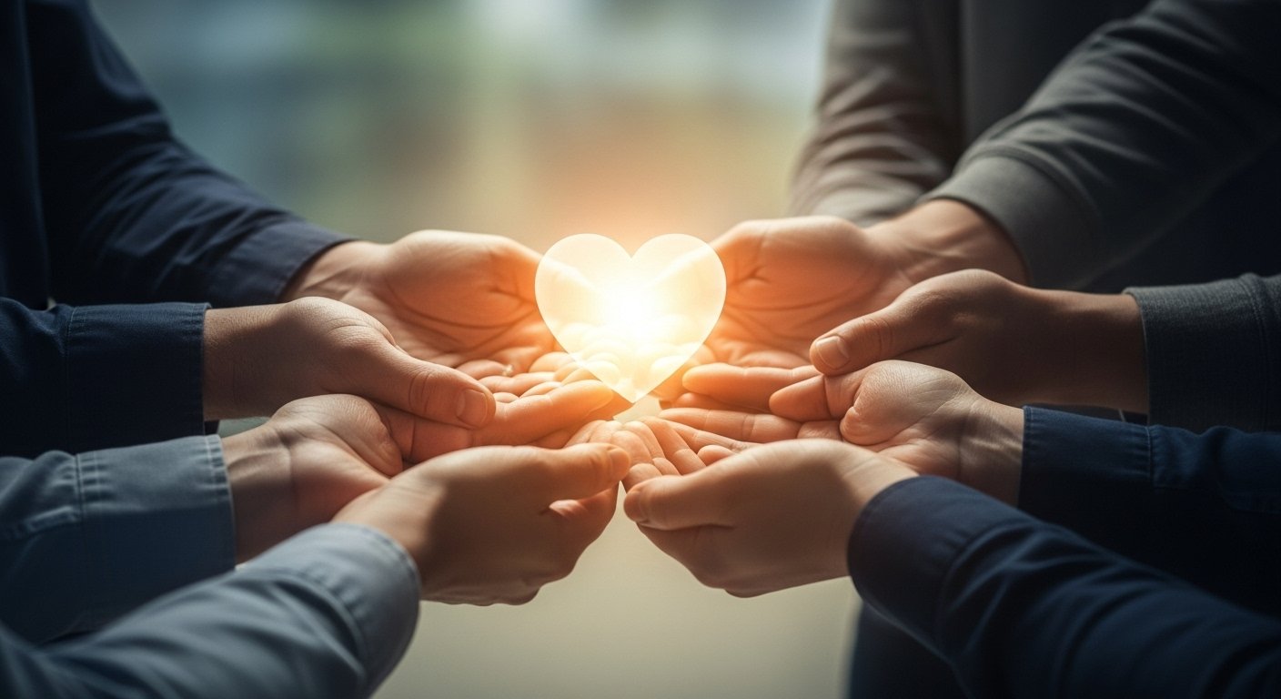 A conceptual image of multiple hands gently supporting a single glowing heart in the center, visualizing the power of collective care and healing.