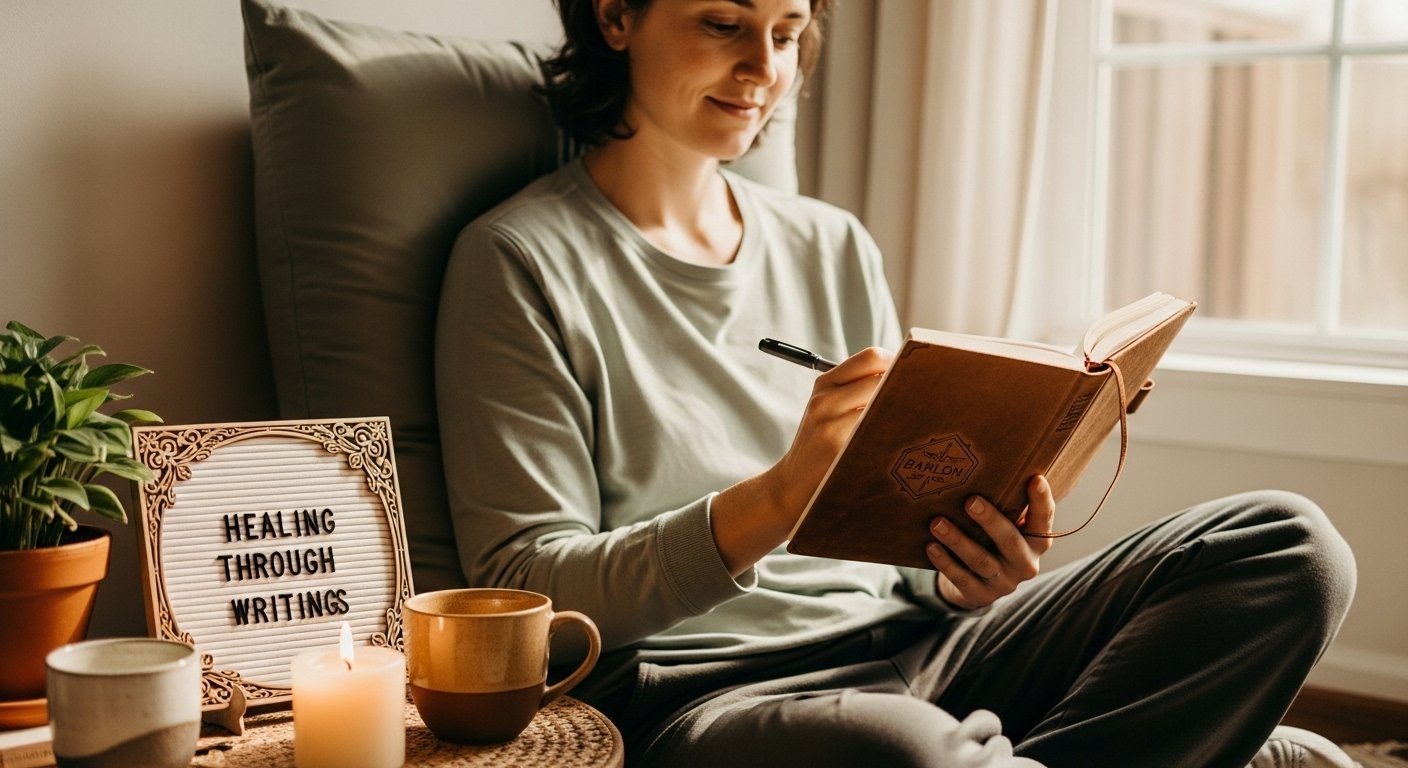 Person journaling in a peaceful space, symbolizing Bahlon Healing Through Writing for personal growth and emotional transformation.