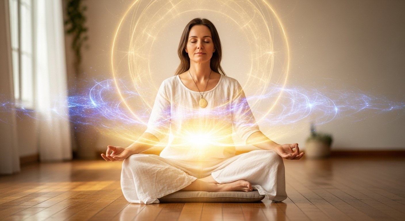 "Meditating woman surrounded by glowing light, symbolizing psychic awareness, intuition development, and energy mastery for personal growth."