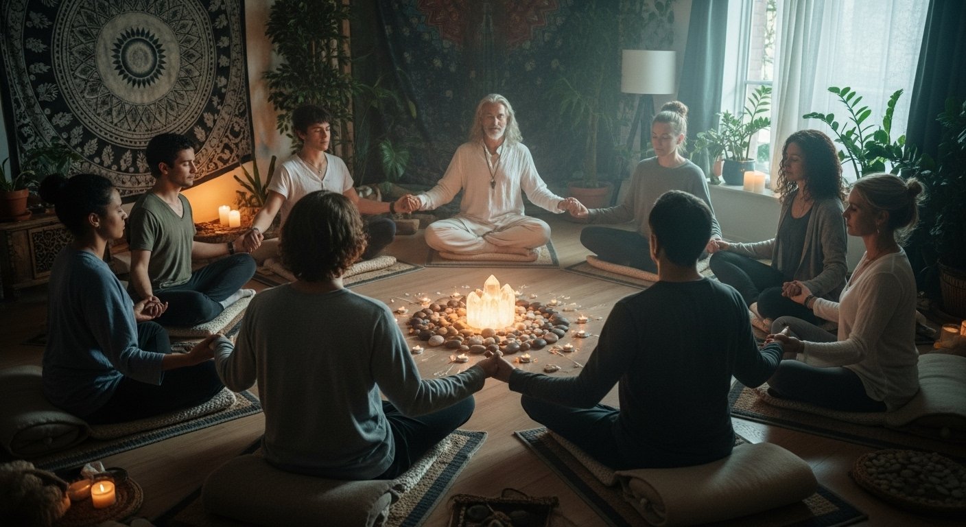 A group of people sitting in a sacred circle during a Bahlon-led wisdom gathering, sharing energy, healing, and guidance for personal growth and transformation.