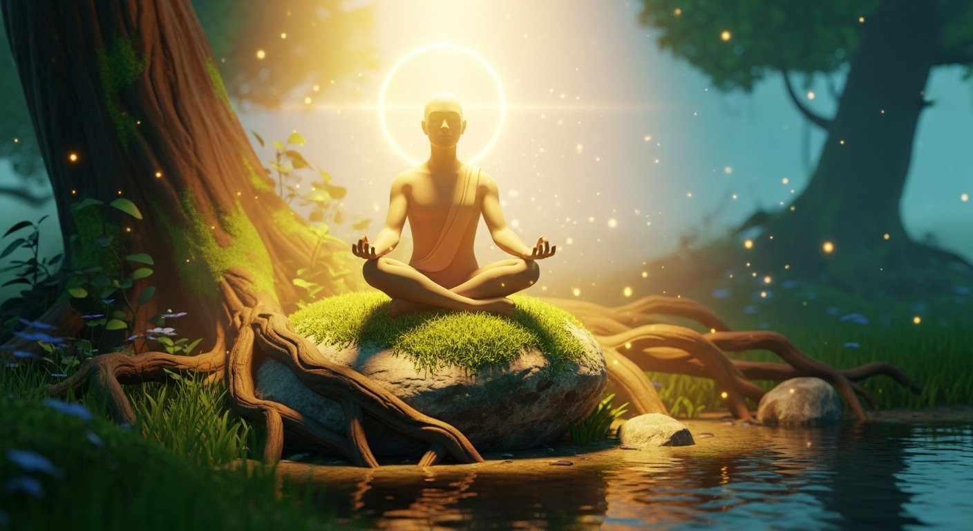 🌟 A serene illustration of a person meditating under a glowing light, symbolizing inner clarity, balance, and the journey of self-discovery to unlock true potential.