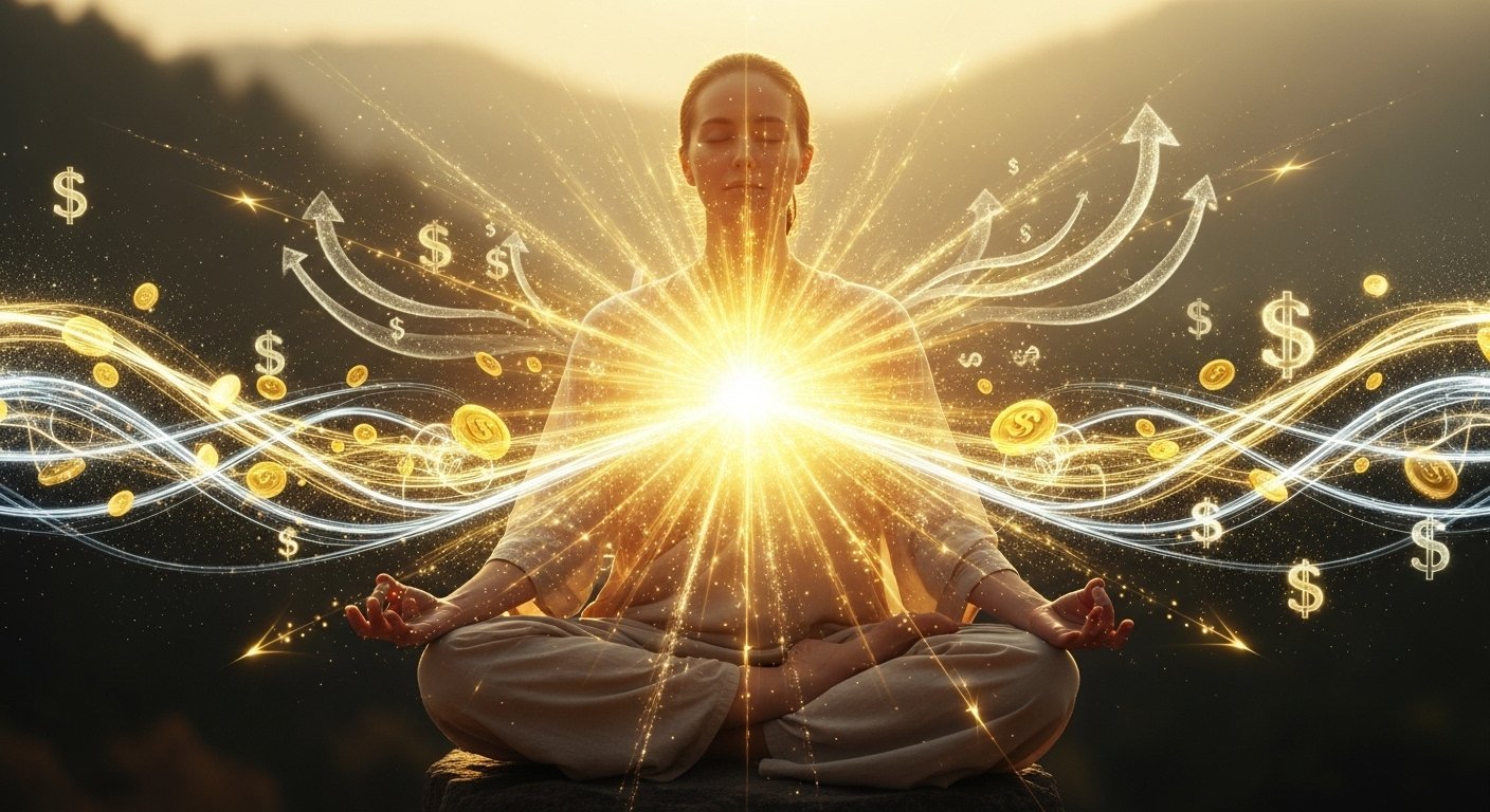 “Golden light and sparkling energy surrounding a person meditating, symbolizing manifestation, wealth attraction, and abundant living.”