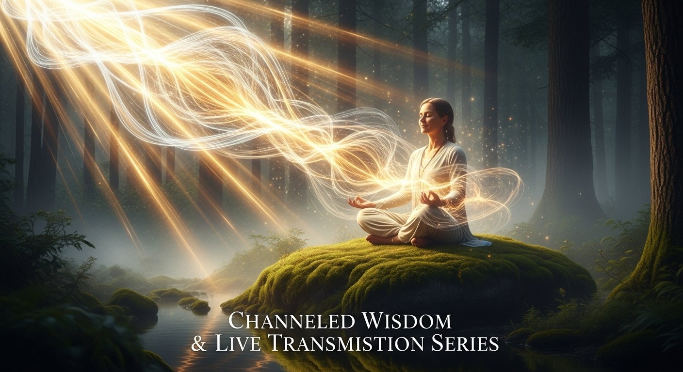 Mystical scene of radiant light beams flowing toward a serene figure in meditation, representing the Channeled Wisdom & Live Transmission Series and its powerful flow of spiritual guidance and energy alignment.