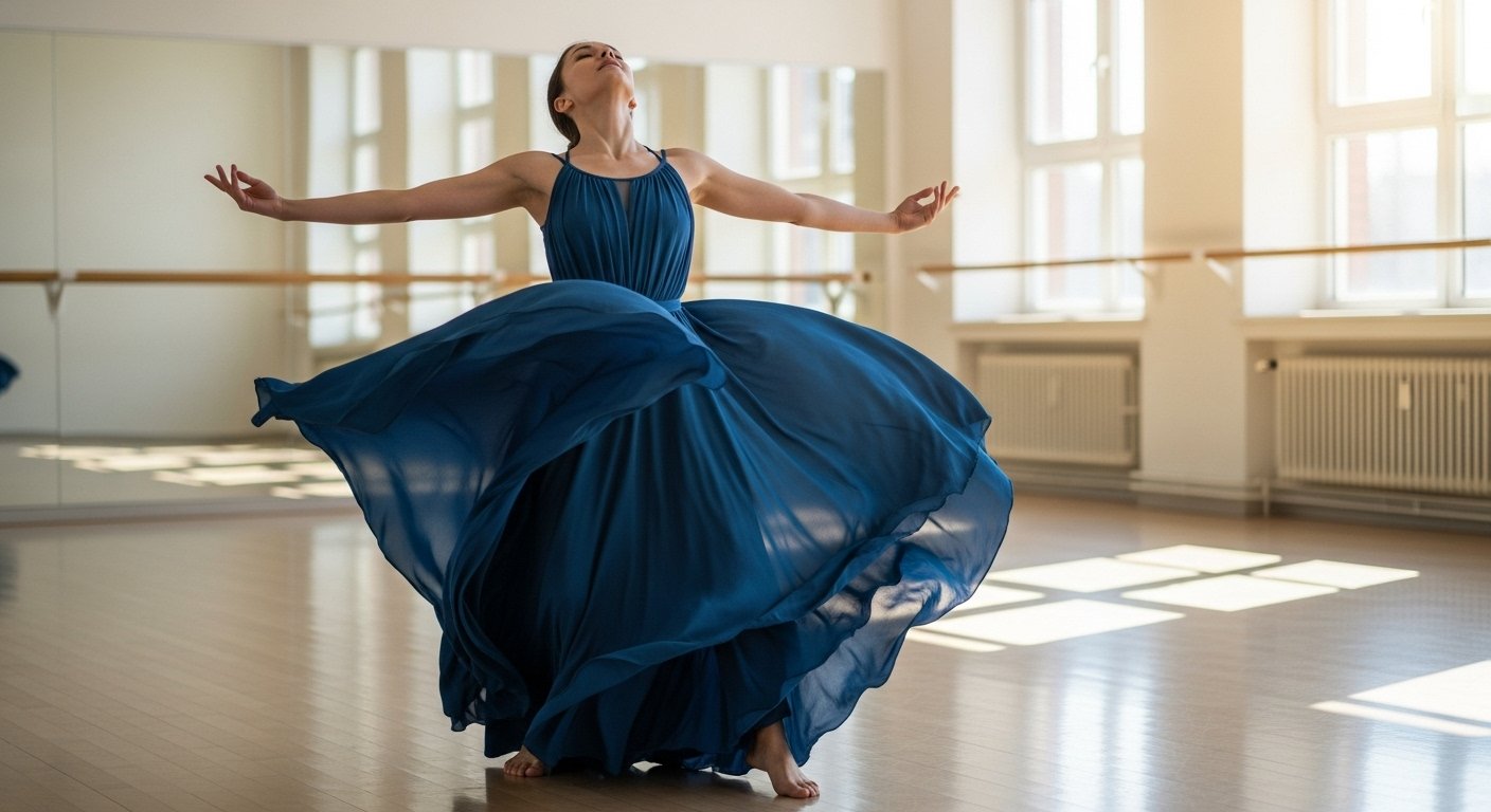 Alt Text: "Dancer performing expressive modern dance with arms extended in a bright studio"