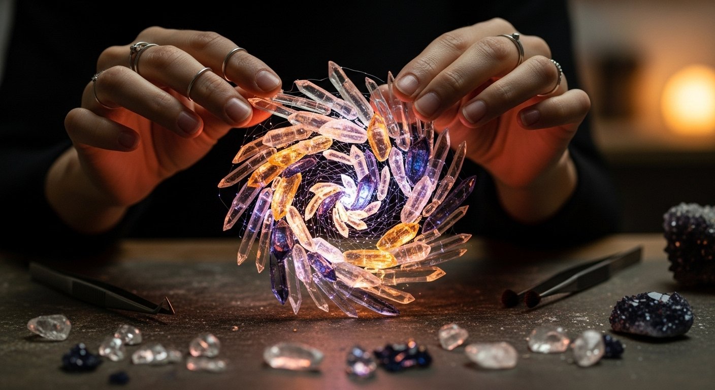 Hands crafting a glowing, crystal-decorated piece of art, symbolizing energy-infused crafts and the intentional flow of positive energy into handmade creations.