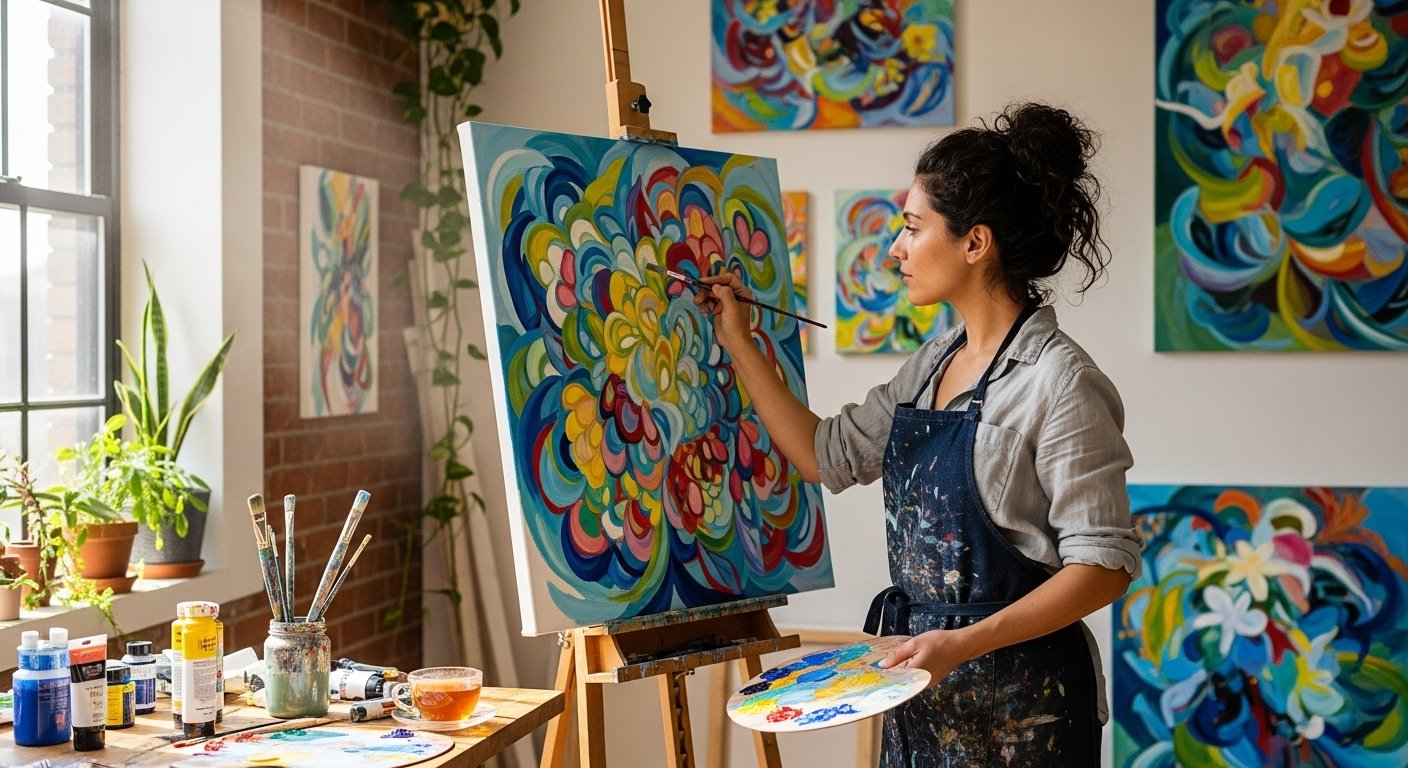 “Artist enjoying a serene creative flow session, painting colorful abstract art that reflects inspired living and inner peace.”