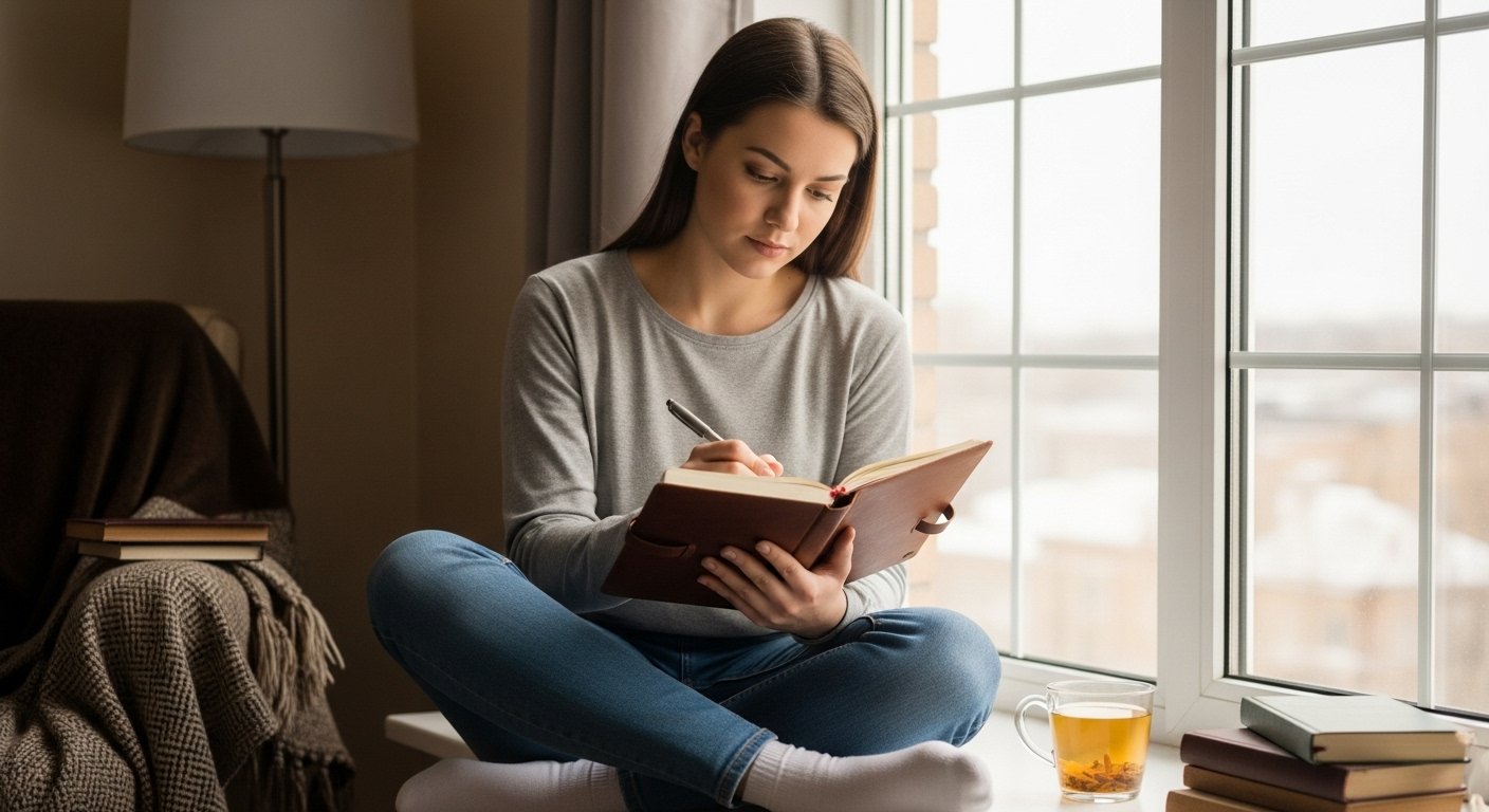 “Peaceful individual journaling and reflecting for deep self-awareness and personal growth.”