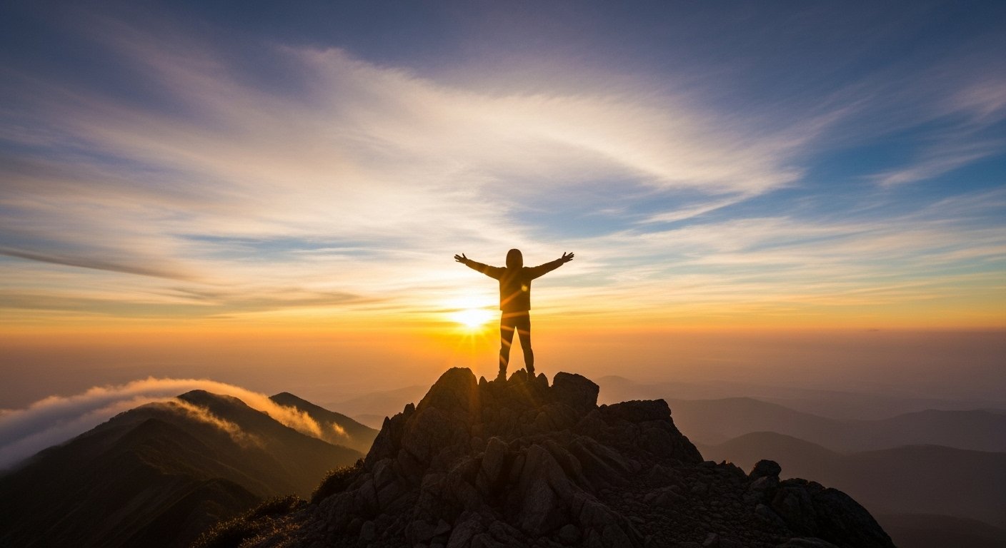 “Mindset transformation concept with a person standing on a mountain peak at sunrise, symbolizing breaking limiting beliefs and mental reprogramming for personal growth.”