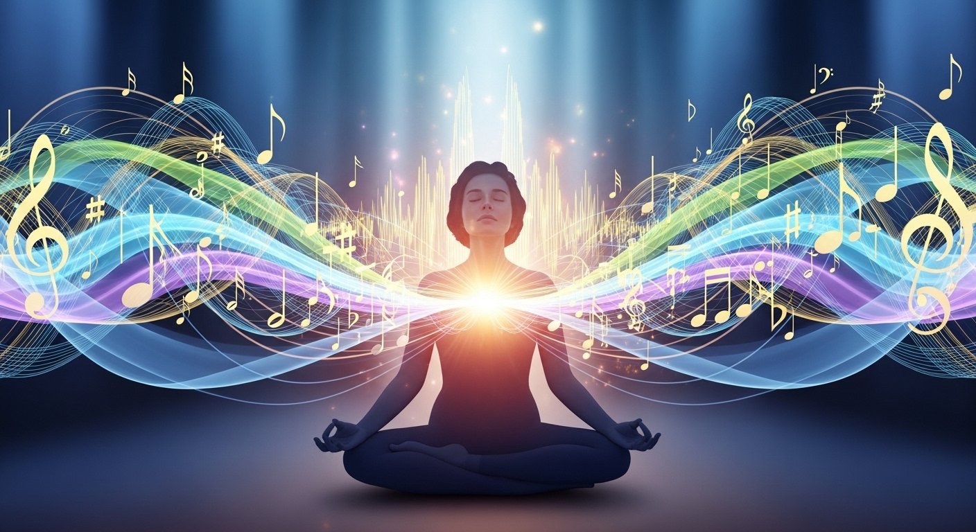 “Person surrounded by soothing sound waves and musical tones, symbolizing voice, sound, and vibrational expression for healing and balance.”