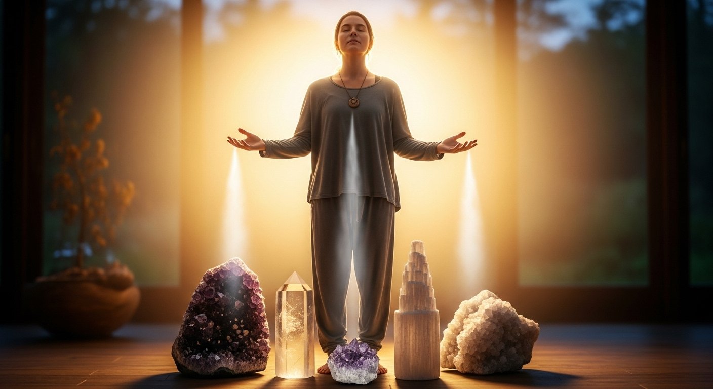 Person practicing energetic protection and spiritual hygiene with calming light and crystals, symbolizing aura cleansing and balanced energy.