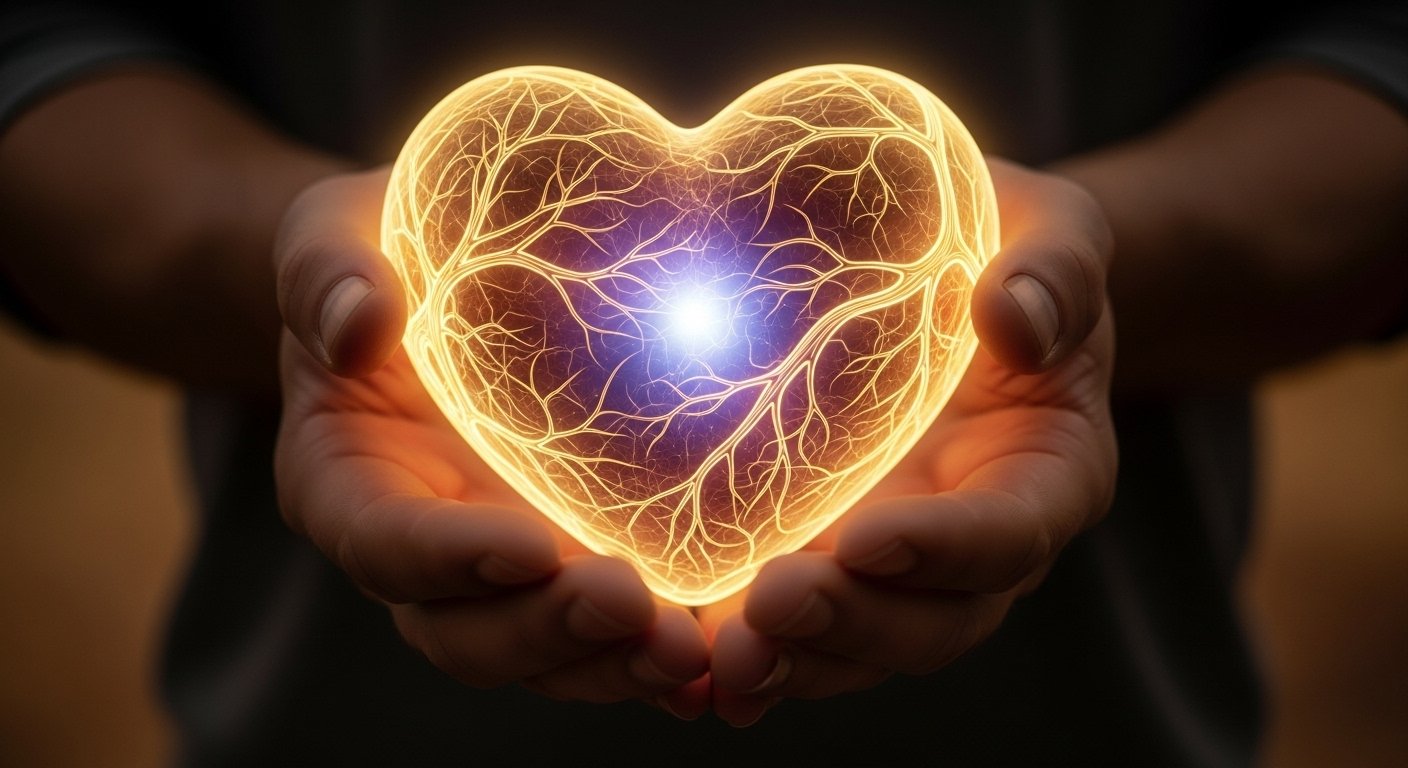 Hands holding a glowing heart, representing emotional wisdom, compassion, and inner strength.