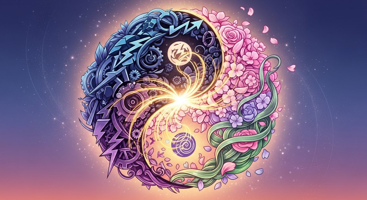 An artistic illustration of balanced masculine and feminine energies represented by yin-yang style symbols, soft floral elements 🌸, and glowing light, symbolizing harmony, healing, and personal growth.