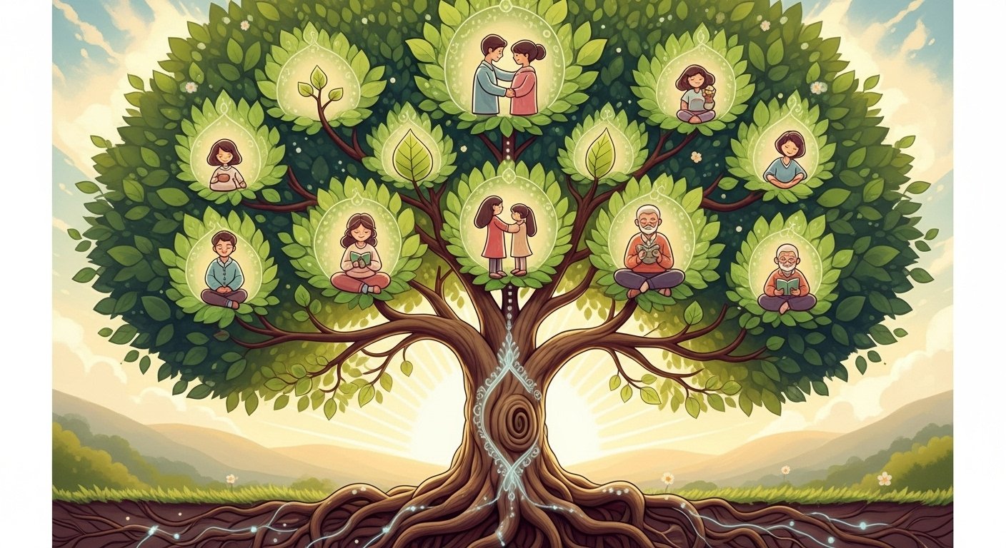 Illustration of family tree showing generational healing and personal growth.