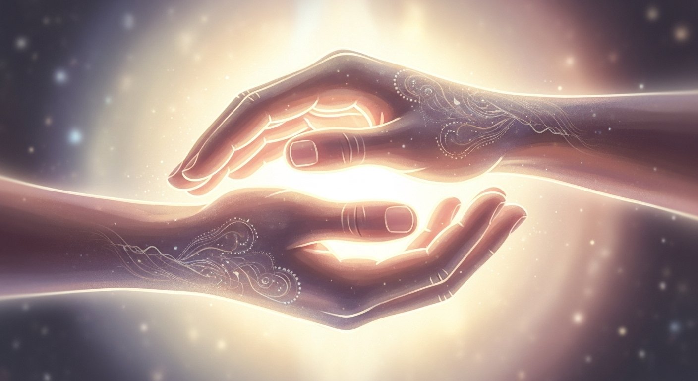 “An illustration of deepening trust and surrender, showing two hands gently holding each other, symbolizing emotional healing, inner peace, and spiritual connection.”