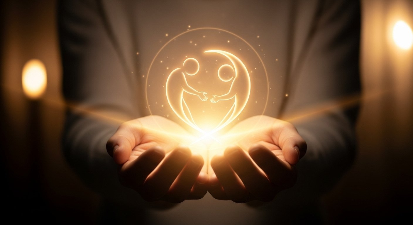 A serene image representing compassion and selfless service — hands offering light, symbolizing love, empathy, and the spiritual act of serving others as taught by Bahlon.