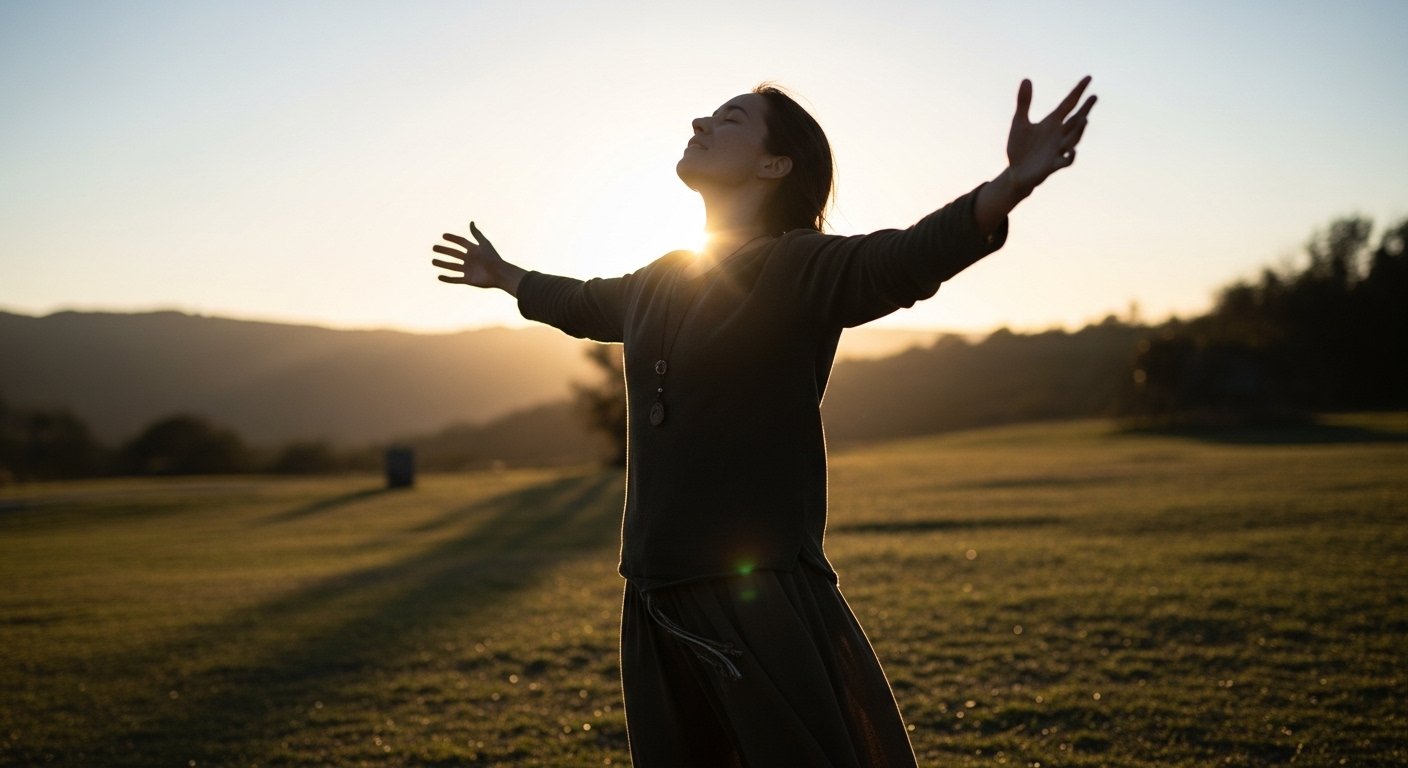 A calm, confident person standing in sunlight with open arms, symbolizing living with integrity, authenticity, and inner peace.