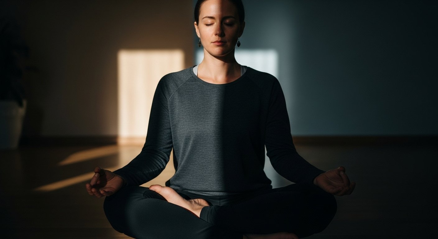 A person sitting in meditation with half their face in shadow and half in light, symbolizing the process of shadow work and self-discovery.