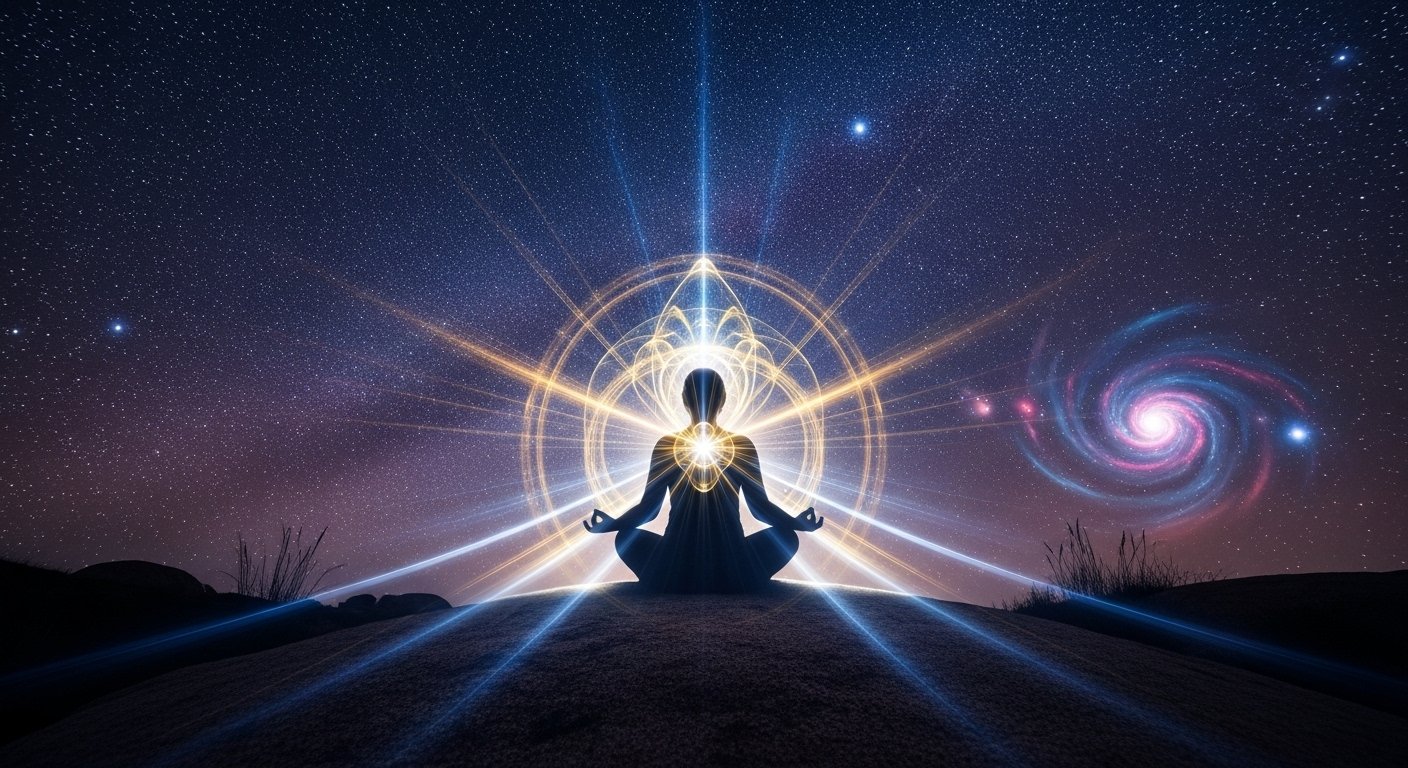 A glowing aura surrounds a person meditating under a starry sky, symbolizing profound spiritual experiences, divine awakening, and the soul’s journey toward enlightenment and higher consciousness.