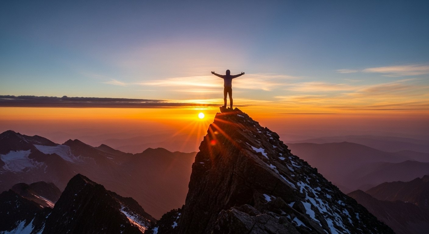 A person standing at sunrise on a mountain peak, symbolizing clarity, purpose, and discovering life’s true calling.