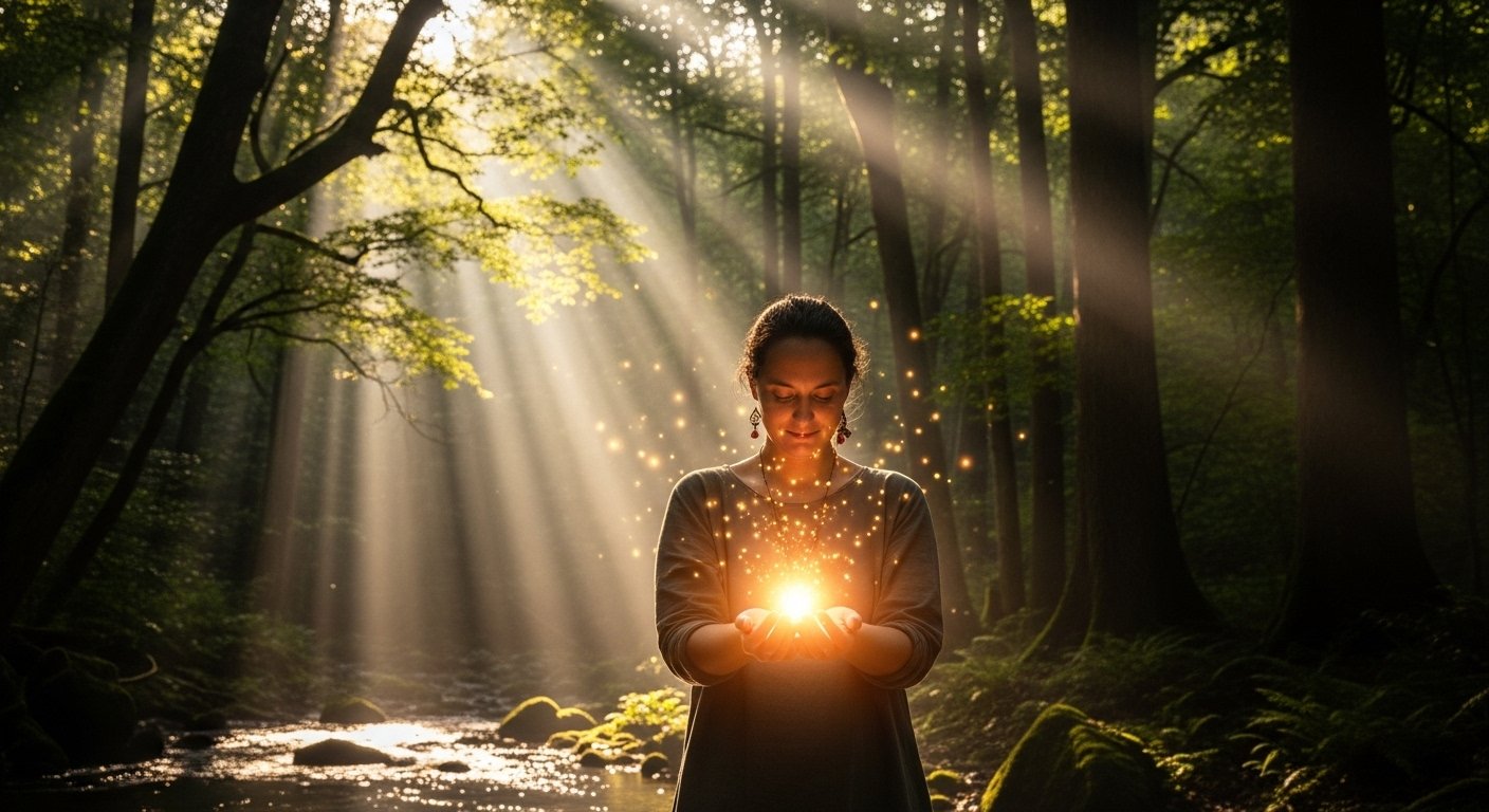 A peaceful scene of a person standing in nature, holding light in their hands — symbolizing Bahlon’s teachings on sustainable success, personal responsibility, and spiritual balance between ambition and mindfulness.