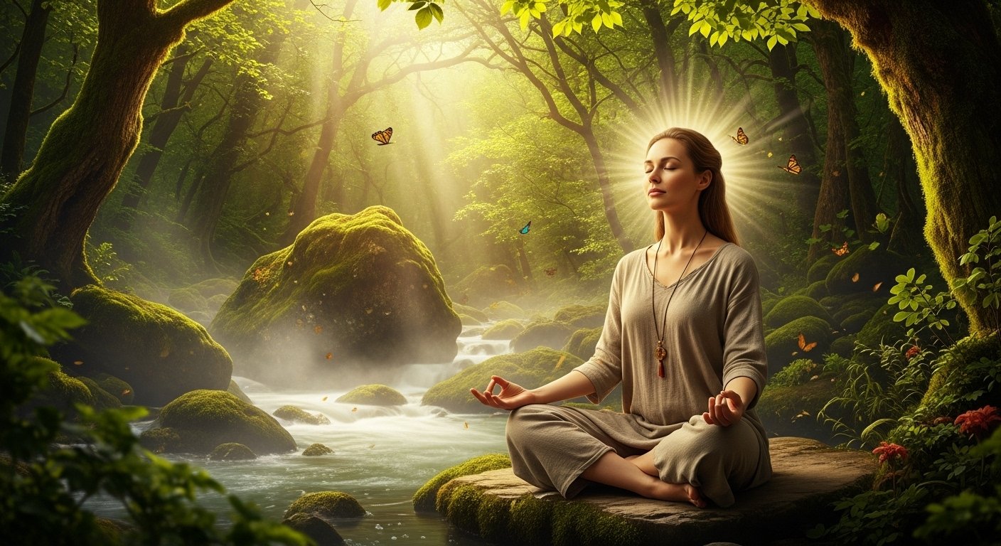 A serene woman meditating in nature, surrounded by soft light, symbolizing deepening through stillness and silence for inner peace and spiritual awakening.