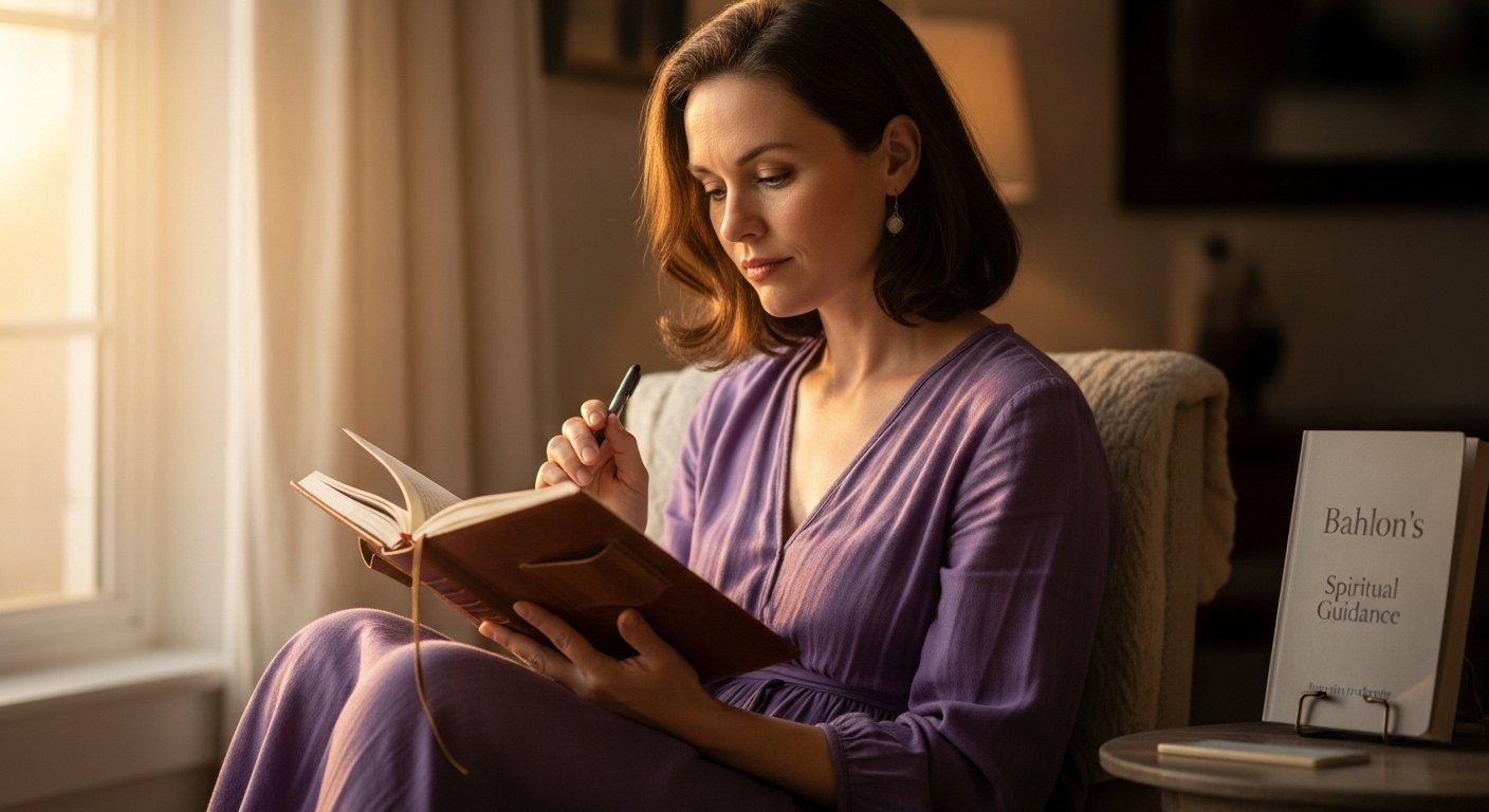 A serene person journaling in soft light, reflecting on their life purpose and core values inspired by Bahlon’s spiritual guidance.