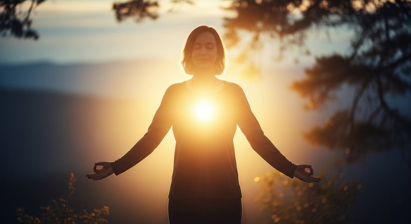 A glowing light surrounding a person, symbolizing spiritual connection, inner peace, and alignment with universal energy.