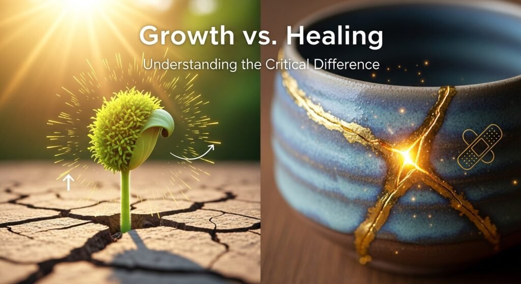 The distinction between growth vs. healing represents one of the most misunderstood concepts in personal development. 