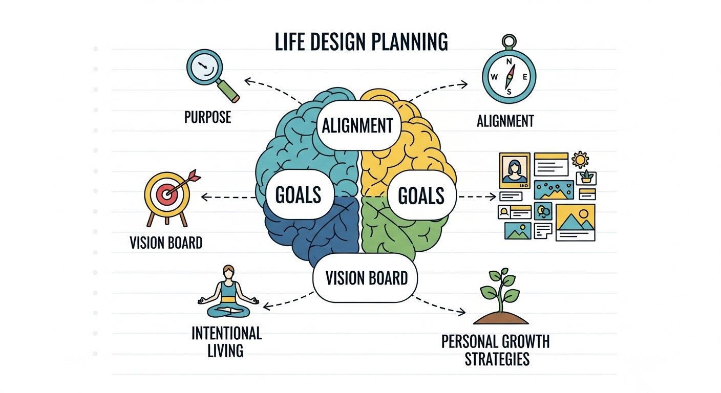 Life design planning graphic featuring keywords like purpose, alignment, goals, vision board, intentional living, and personal growth strategies.