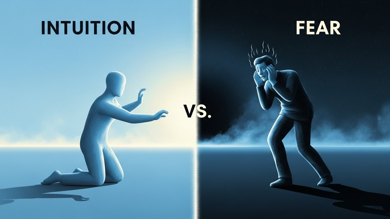 “Graphic illustrating Intuition vs. Fear, showing a calm inner light contrasted with a shadowy, anxious figure — symbolizing inner guidance overcoming fear.”