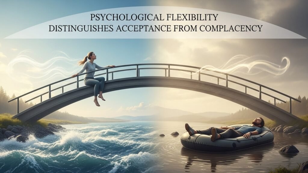 Psychological flexibility serves as the definitive factor that separates healthy acceptance from detrimental complacency, representing the ability to adapt thoughts and behaviors in service of valued goals while maintaining contact with the present moment.