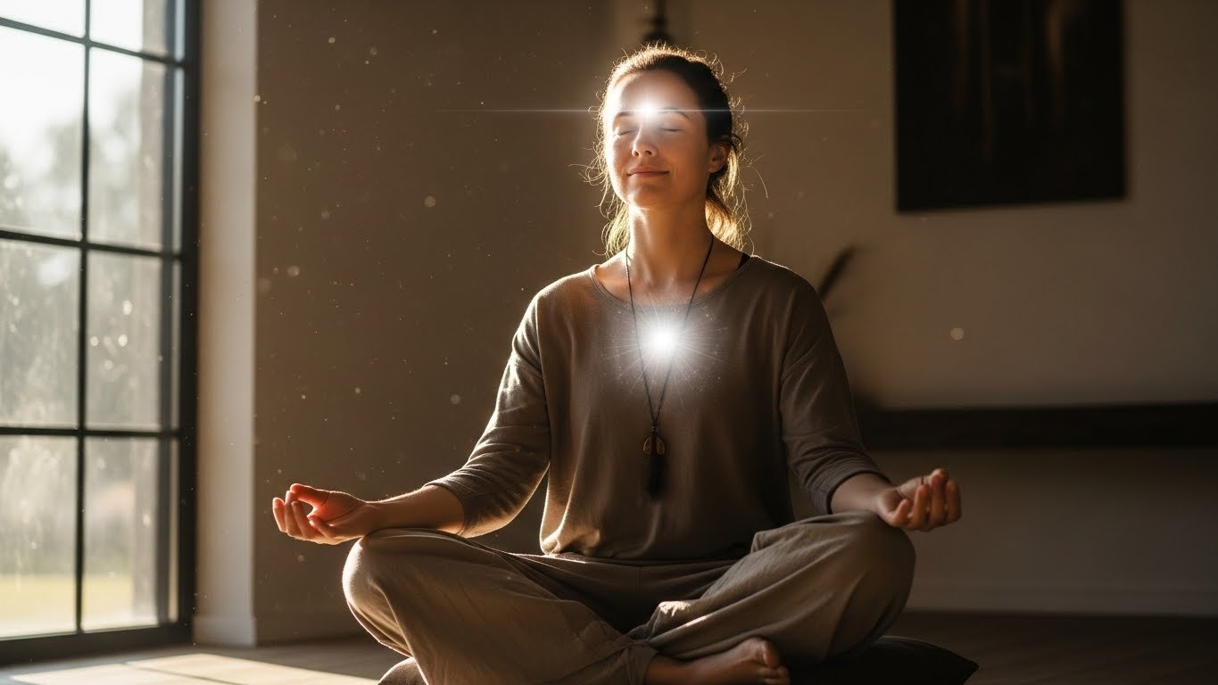 A calm person sitting quietly with eyes closed, symbolizing intuition and inner guidance training, self-trust, clarity, and conscious awareness.